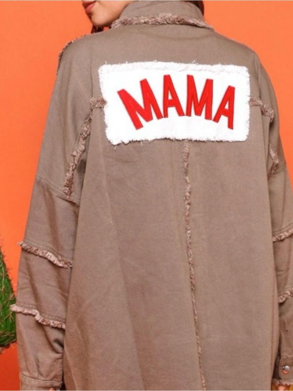 Fantastic Fawn Taupe Jacket with Red "MAMA" Patch Size L pre-owned